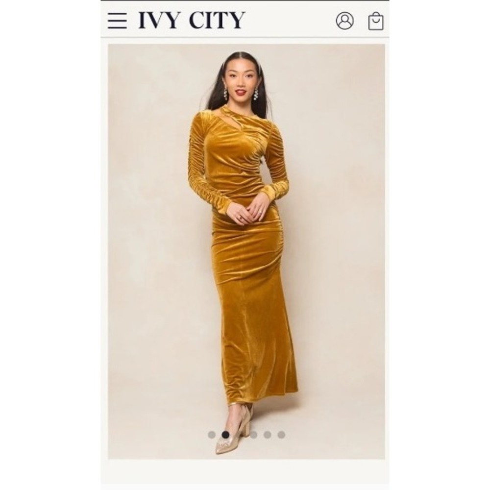 Ivy City Co Velvet Maxi Dress Women's Small Gold Ruched Cutout Long Sleeve